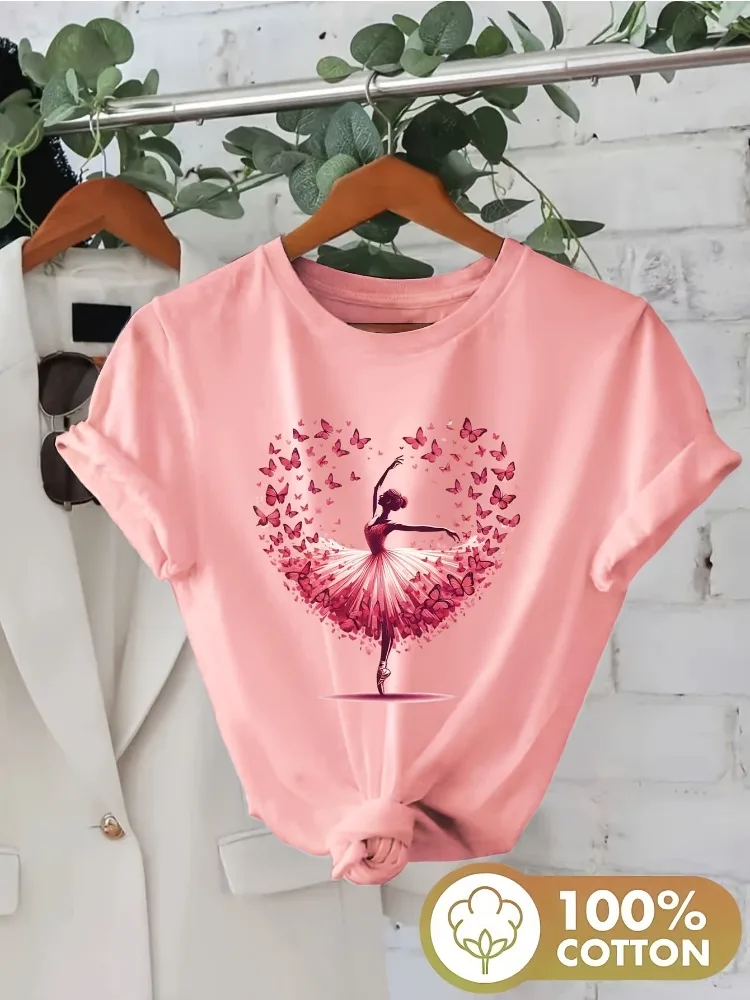 Soft and Breathable Ballet-print T-shirt—the Top Choice for Women's Spring and Summer Outfits Featuring A Crew Neck Design