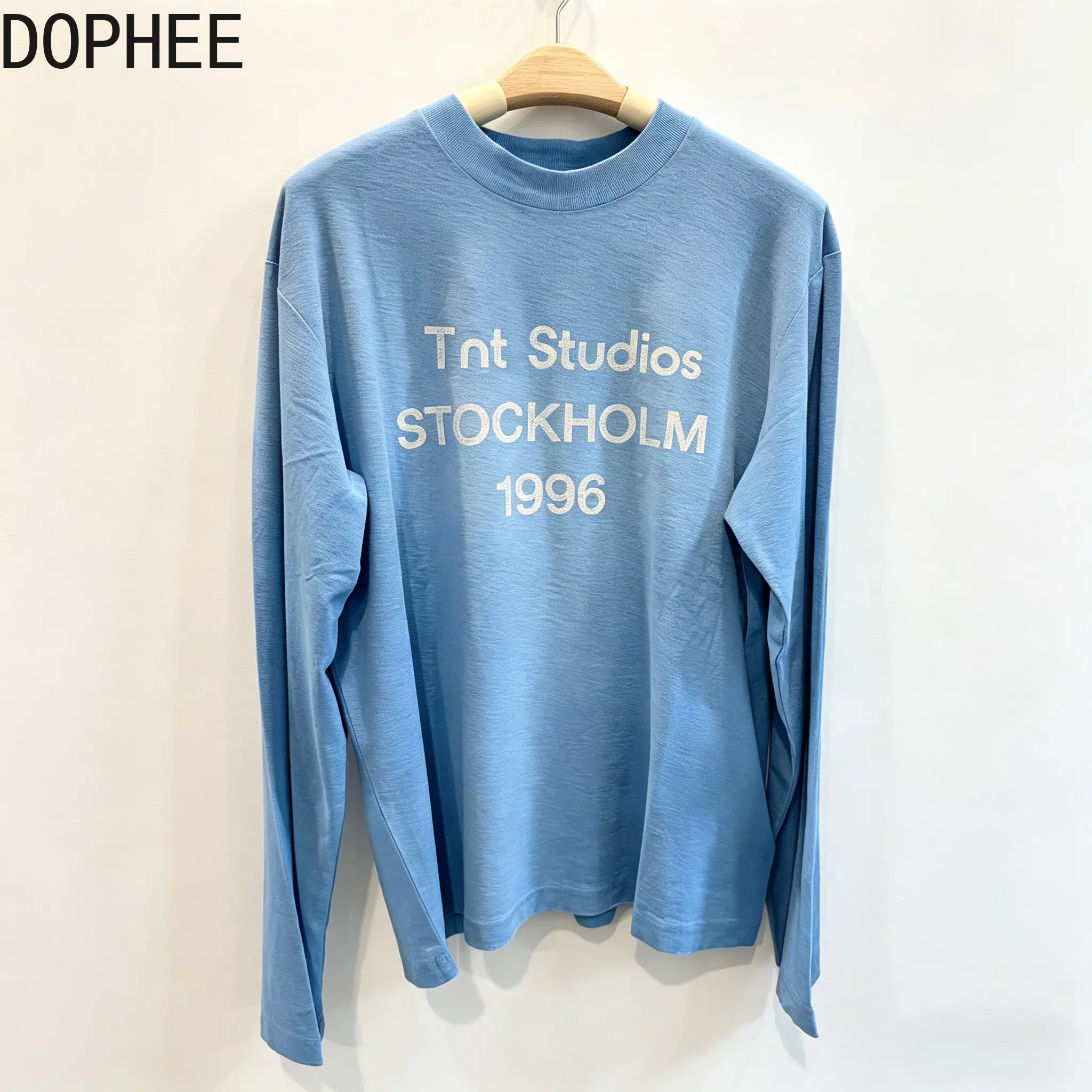 Glacier Blue New Spring Autumn Long Sleeve T-shirt Letters Printed Cotton-linen Loose Basic Tees Mid-long Casual Couple's Tops