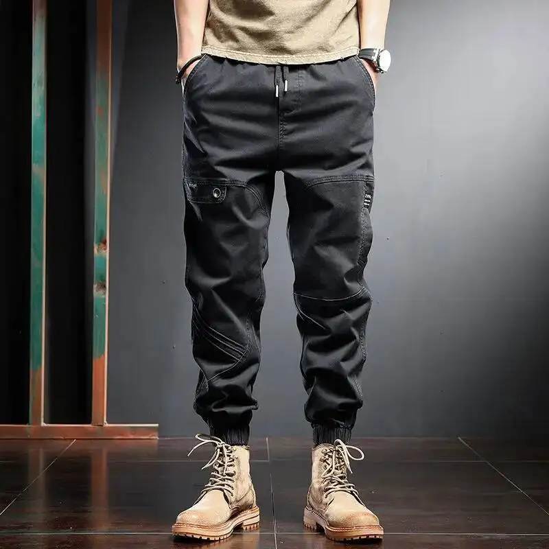 

Military American Vintage Casual Men Cargo Pants Spring Autumn Solid Elastic Waist Drawstring Straight Sports Tactical Trousers