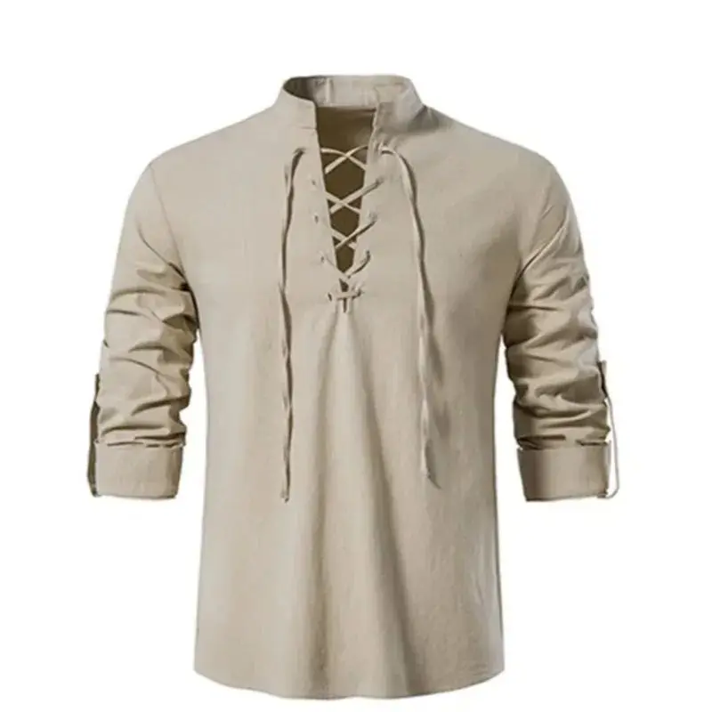 2023 Men's Vintage Thin V-Neck T-Shirt Fashionable  Collar Nine Sleeve Length Fleece Lined Thickened Special Wide Fit Shirt