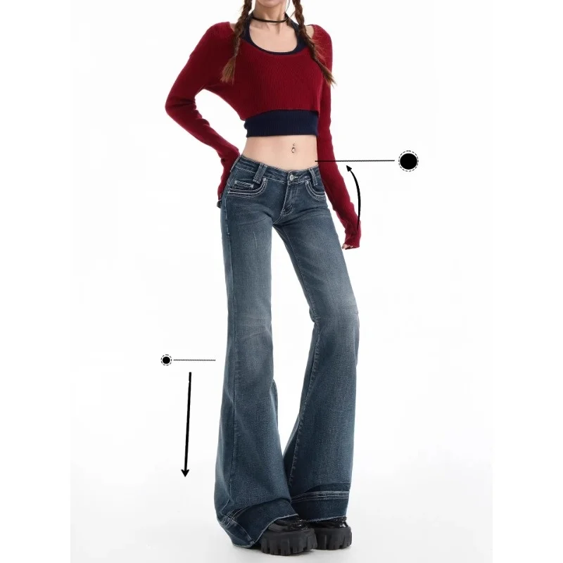 سراويل جينز كلاسيكية للفتيات المثيرة على الطراز الأمريكي منخفضة الخصر مضيئة جينز نسائي ضيق ومطاط Y2K جينز غير رسمي واسع الساق