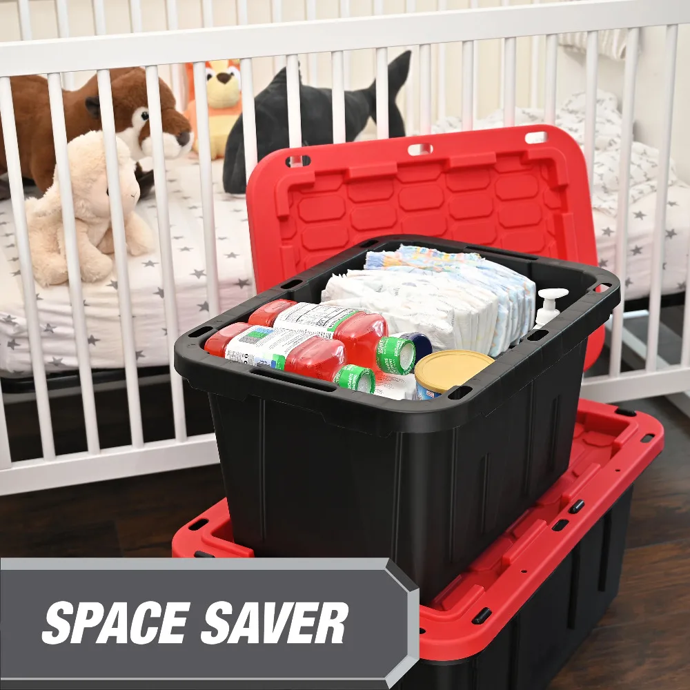 

(2 pack) Hyper Tough 12 Gallon Snap Lid Stackable Plastic Storage Bin, Black/Red