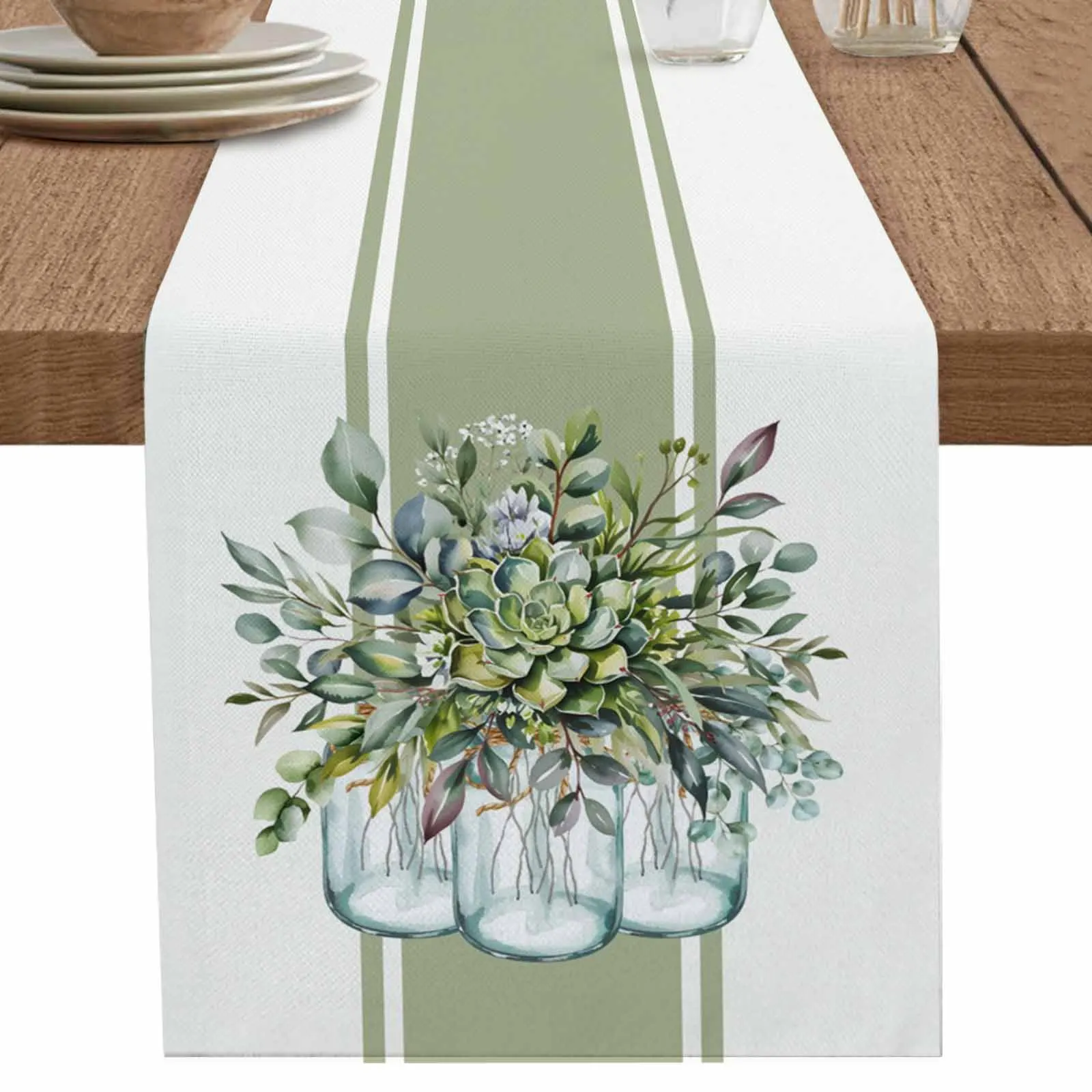Camino de mesa Vintage para suculentas, botella de hojas de eucalipto, mantel de café para el hogar, decoración decorativa para mesa de fiesta interior