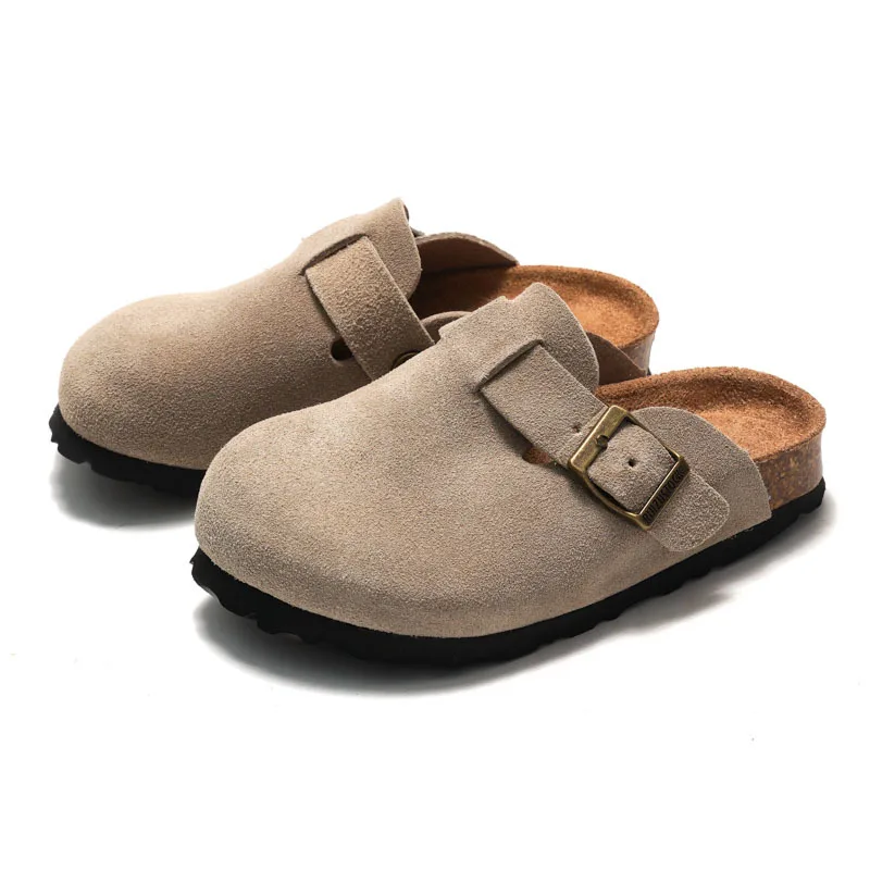 Autumn Winter Children's Cork Slippers Genuine Leather Boys' Beach Shoes Toe Caps Girls' Frosted Cowhide Slippers