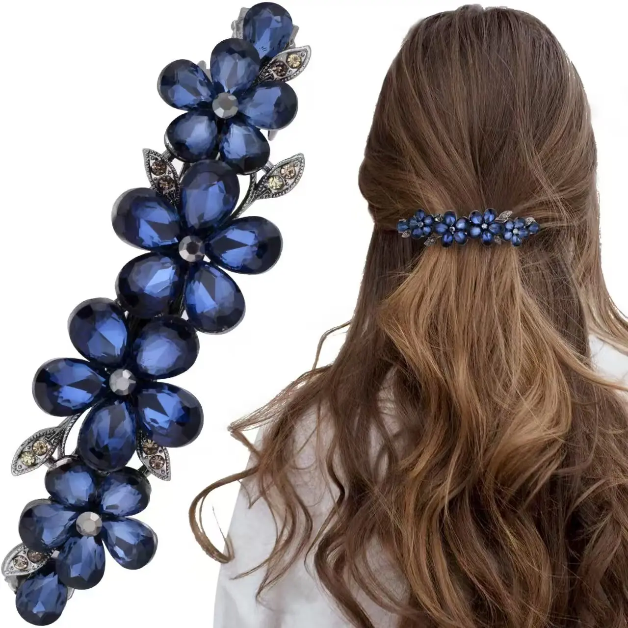 Elegant Black Rhinestone Crystal Flower Spring Clip Hair Clip High-end Women's Back of Head Half-tied Hairpin Hair Accessories