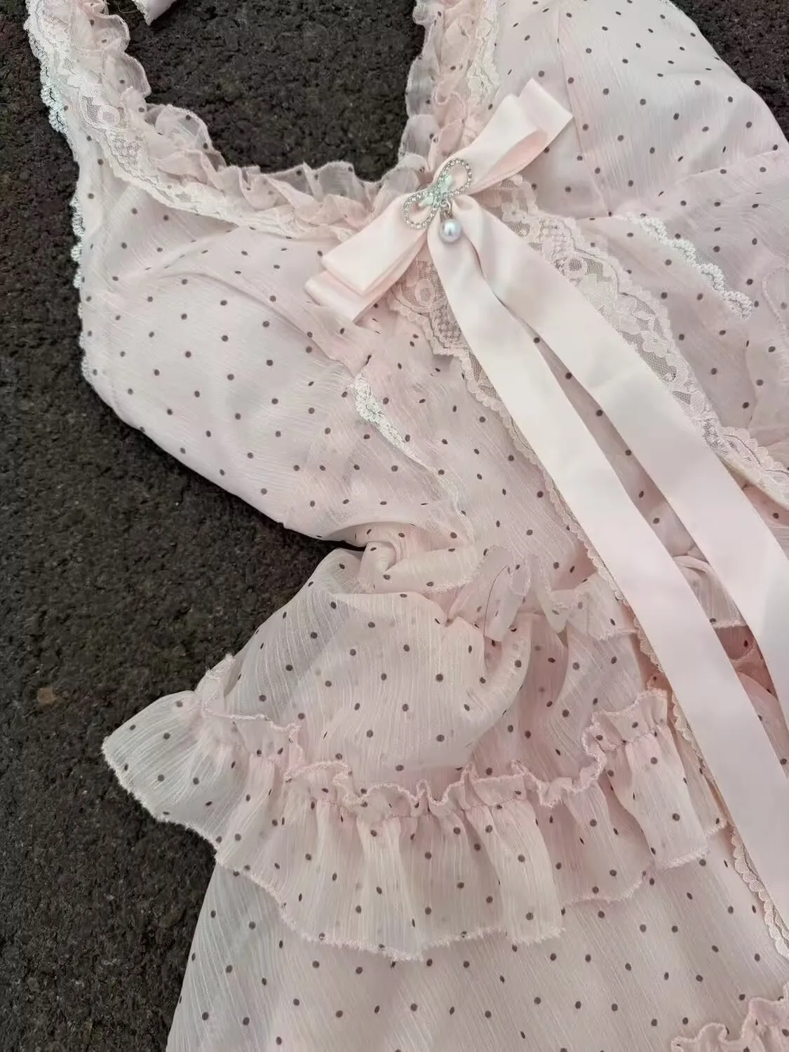 Gaun Musim Panas Fashion Korea Gaun Merah Muda Y2K Manis Gaun Mini Desain Polkadot Pita Lolita Wanita Pakaian Chic Wanita