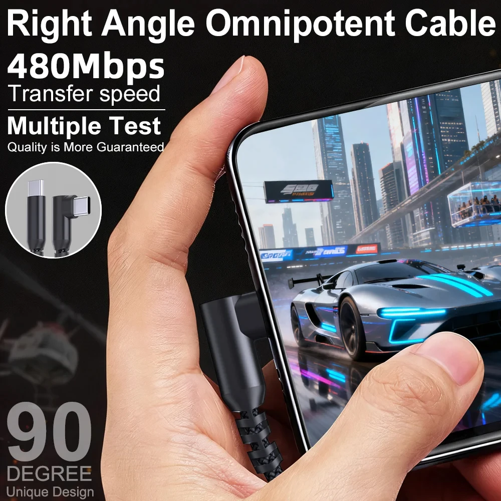 60W Type C Fast Charging Cable 90° Angle C to C Charger Cable 480Mbps High Speed Data Transfer Cord for iPhone Samsung Android