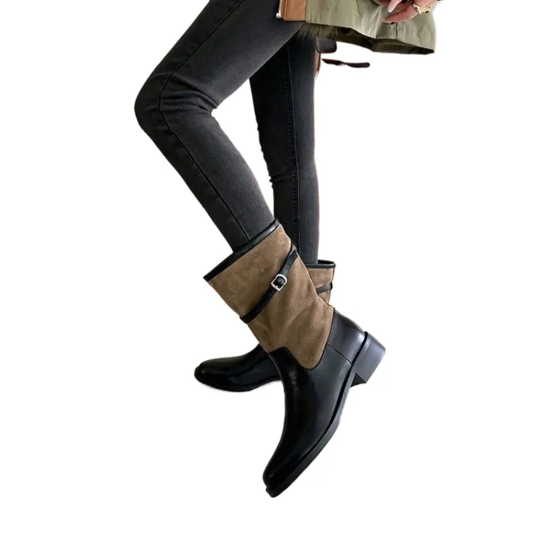 البائع الساخن 2026 المرأة الجديدة تشيلسي الأحذية الرجعية المرأة سميكة سوليد أحذية كعب سميك الجوارب المرنة المرأة حذاء من الجلد تشيلسي #3