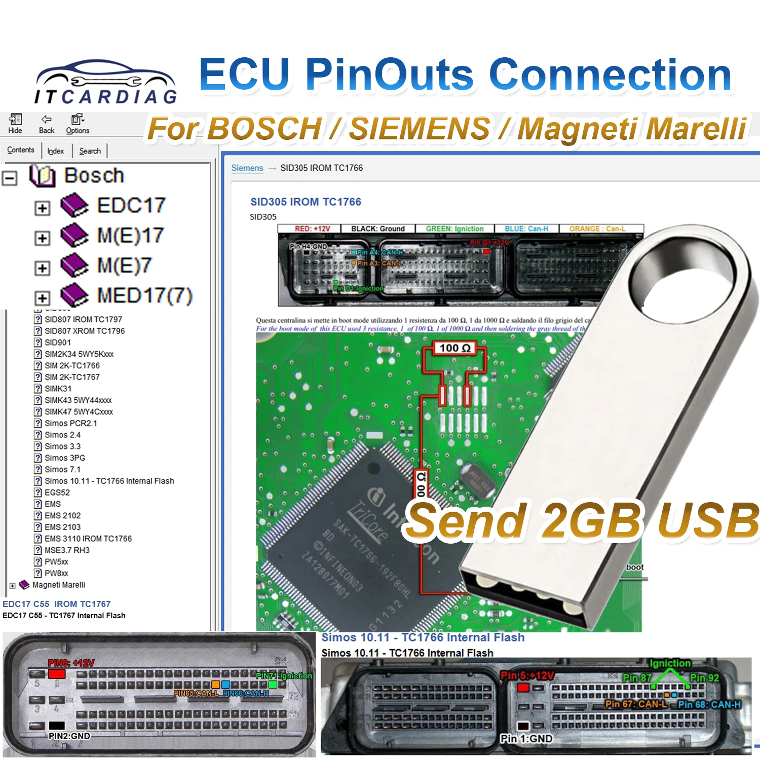 

ECU Connection Guide PinOuts DM Software For BOSCH For SIEMENS For CONTl For Magneti Marelli Over 150 ECU Model Like EDC17..More