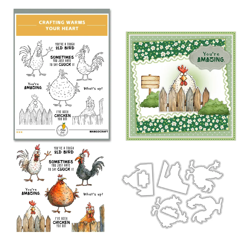Mangocraft Cute Cartoon Rooster Chicken Cutting Dies Clear Stamp DIY Scrapbooking Metal Dies Silicone Stamp For Card Album Decor