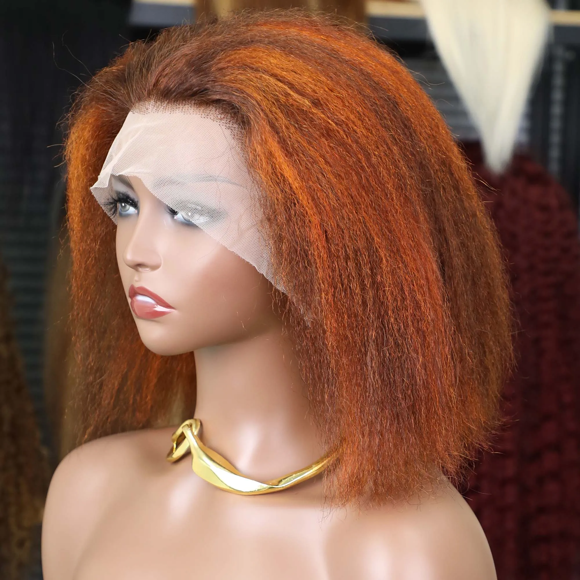 

Kinky Straight 4/350 Highlight Short Bob Wigs 13x4 Full Lace Front Wig Ginger Orange Brown Colored Lace Frontal Human Hair Wigs