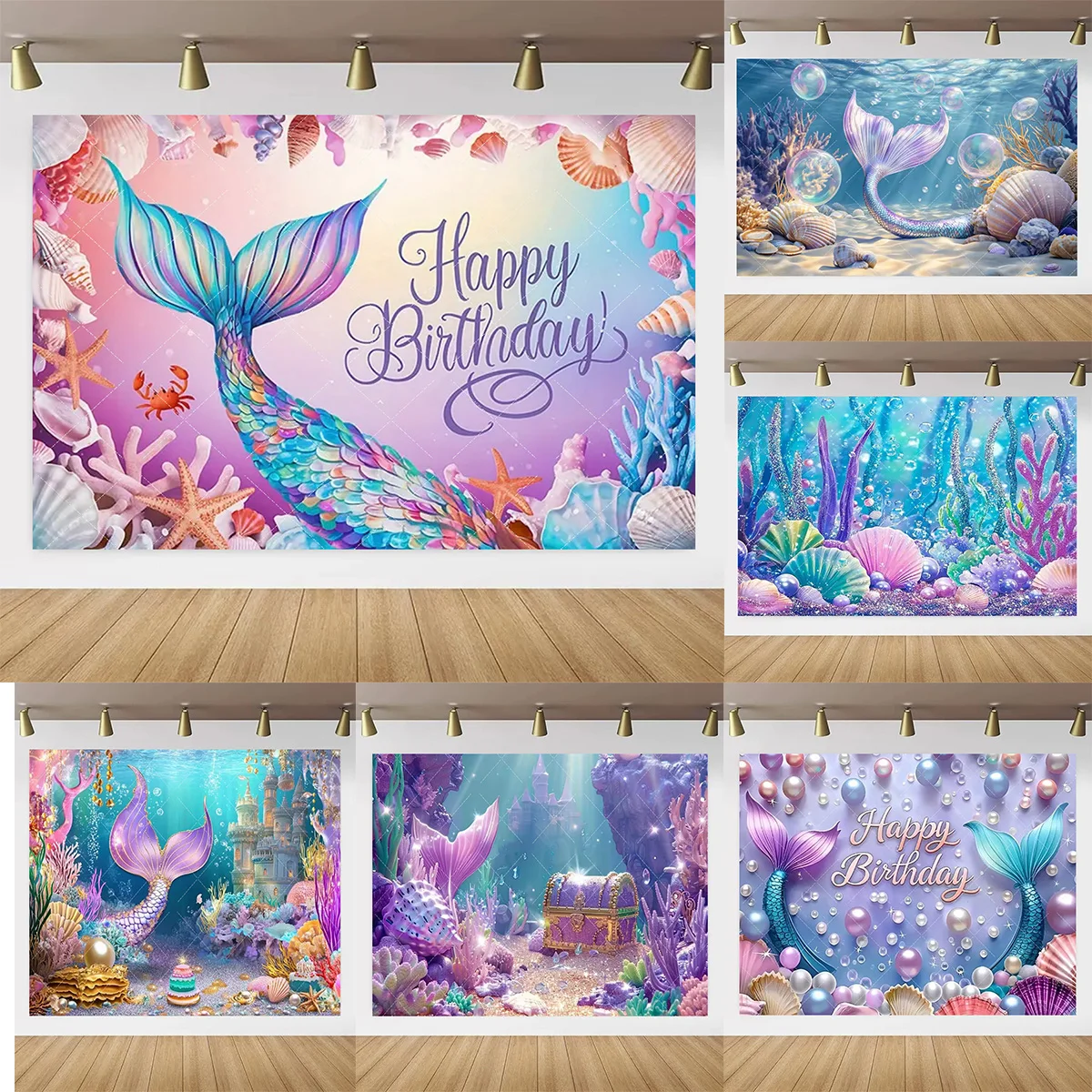 

Underwater Mermaid Kids Birthday Party Backdrop Mermaid Tail Ocean Castle Cake Table Decor Photo Props Baby Baptism Party Props
