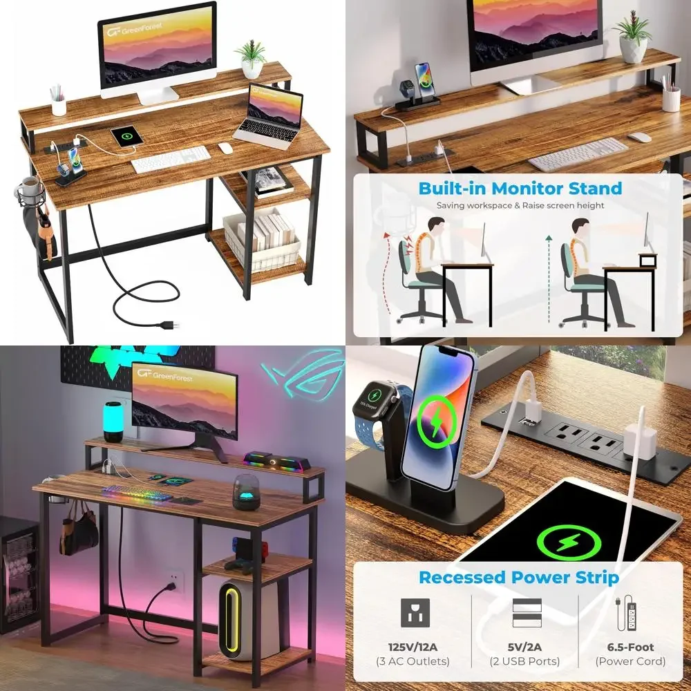 Escritorio ergonómico para computadora de 47 pulgadas para oficina en casa pequeña con soporte para monitor y tomas de corriente, escritorio para juegos Reversible para comodidad