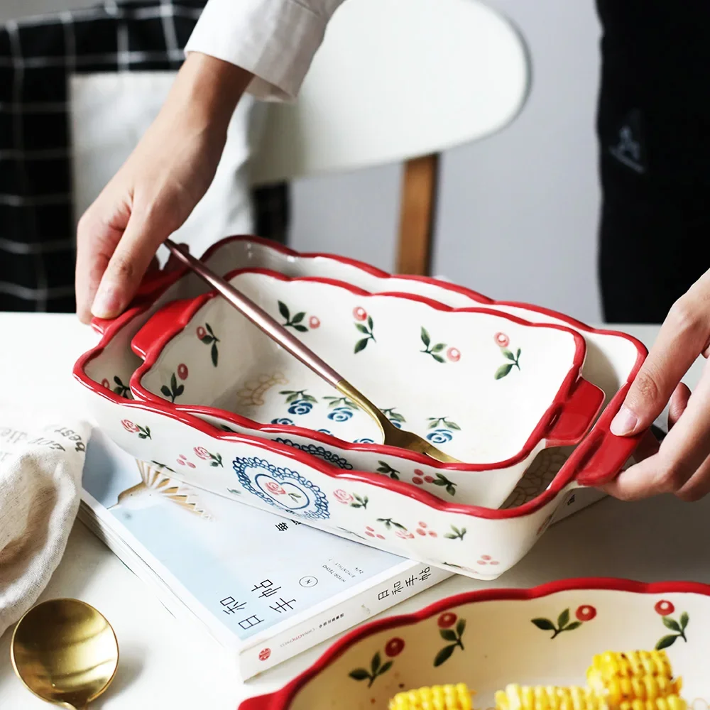 1pc Red Cherry Baking Plate Ceramic Dinner Dishes European Style Dinnerware Baking Tray Ovenware Dinner Plate