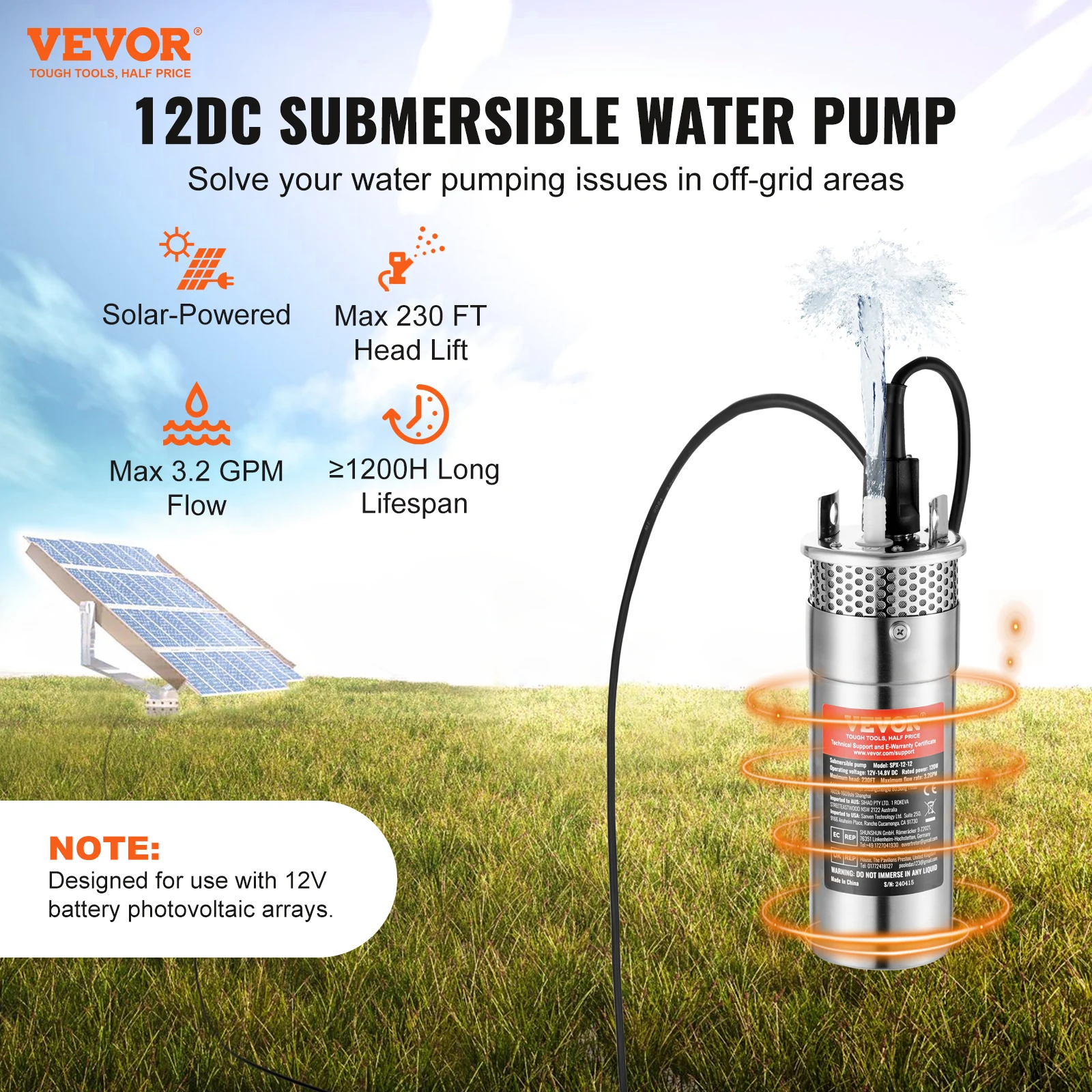 VEVOR Solar Water Pump12V DC 120W Submersible Deep Well Pump Max Submersion for Well Farm RanchIrrigation Livestock Drinking