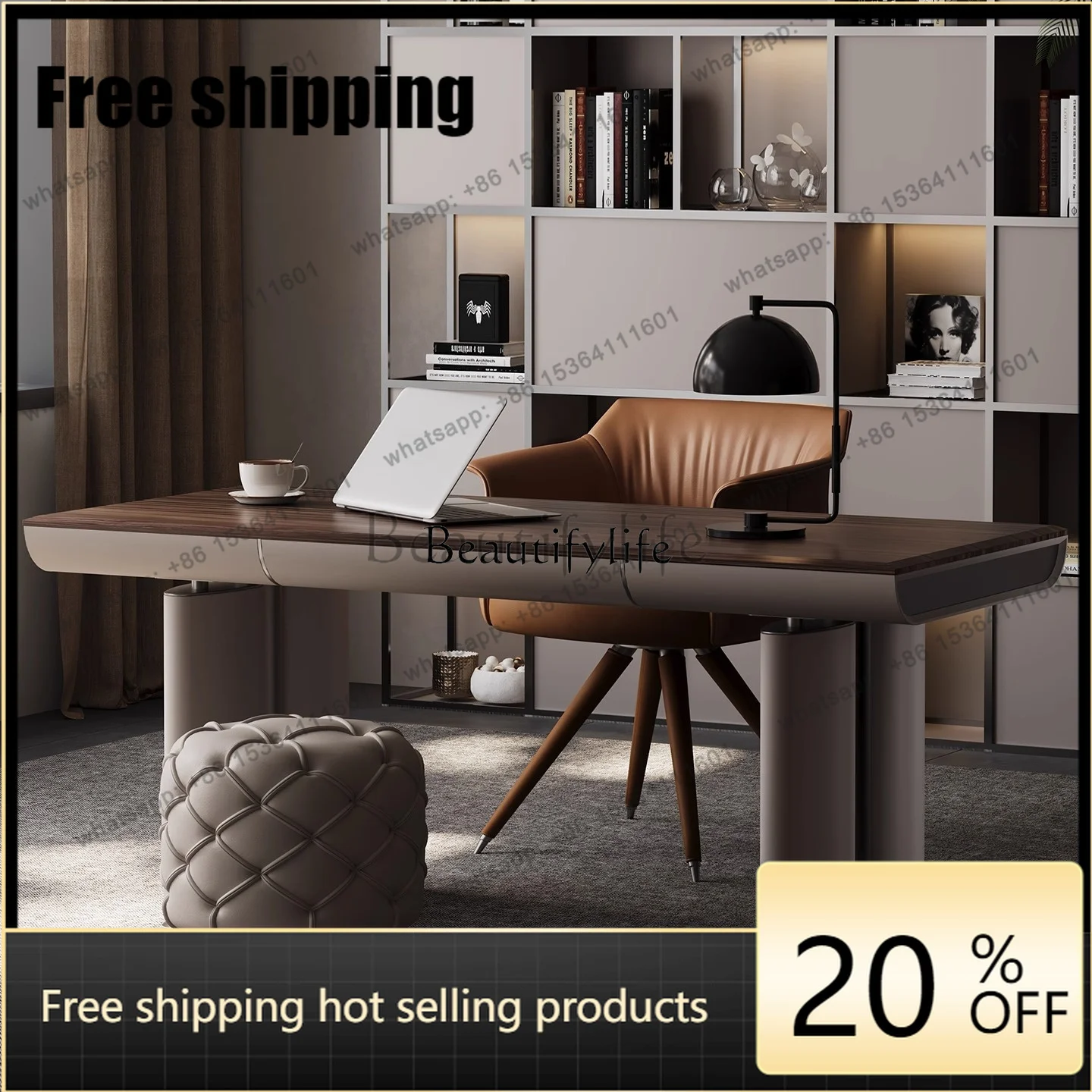 HJ Italian Minimalist Solid Wood Desk Large Apartment Study Furniture Computer Desk