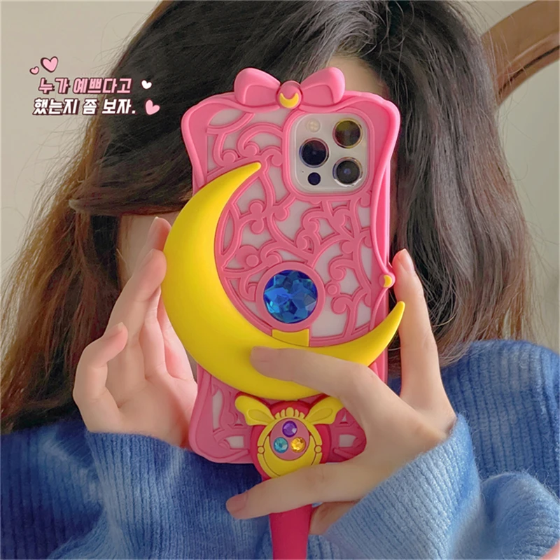 Japan Cute 3D Diamond Magic Wand Silicone Phone Case For iPhone 15 14 13 12 11 Pro Max Lovely Moon Star Shockproof Soft Cover