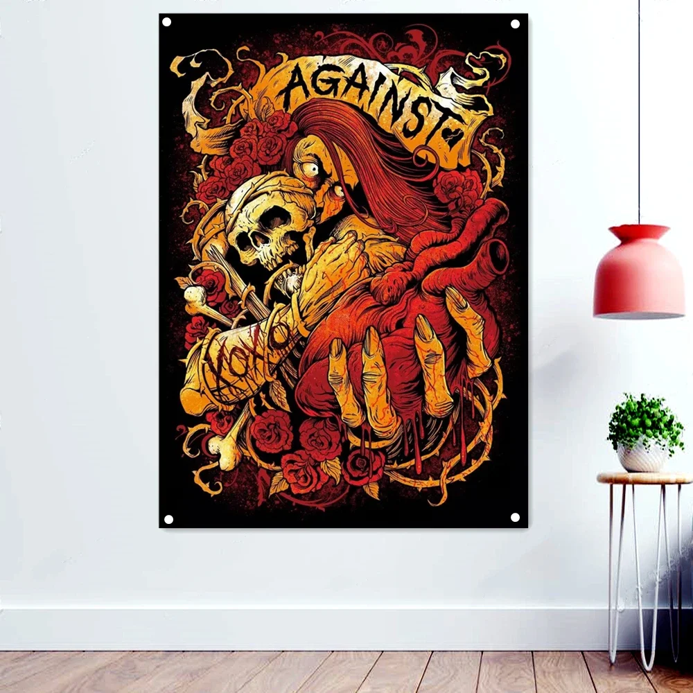 

AGAINST Heavy Metal Artwork Banners Wall Art Scary Bloody Background Flags Death Art Tattoos Rock Band Posters Home Decoration