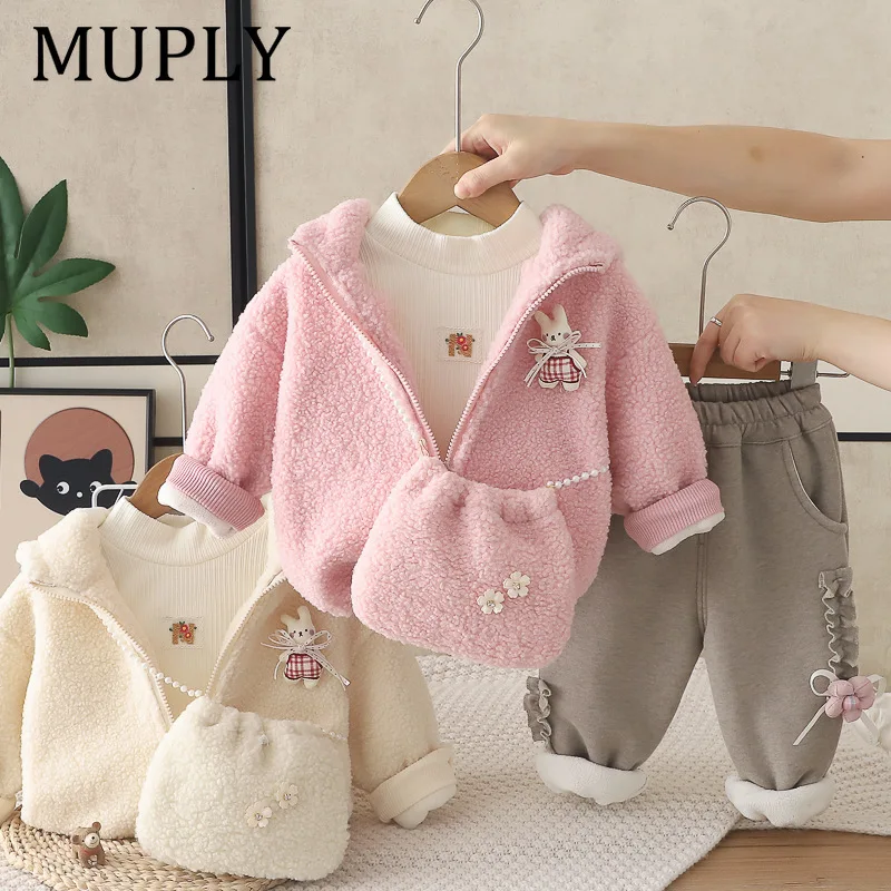 Girls Autumn Outfit Set Cute Hooded Jacket with Cartoon Lace & Pants 3-Piece Trendy Spring Fall Clothes for Toddler Girls