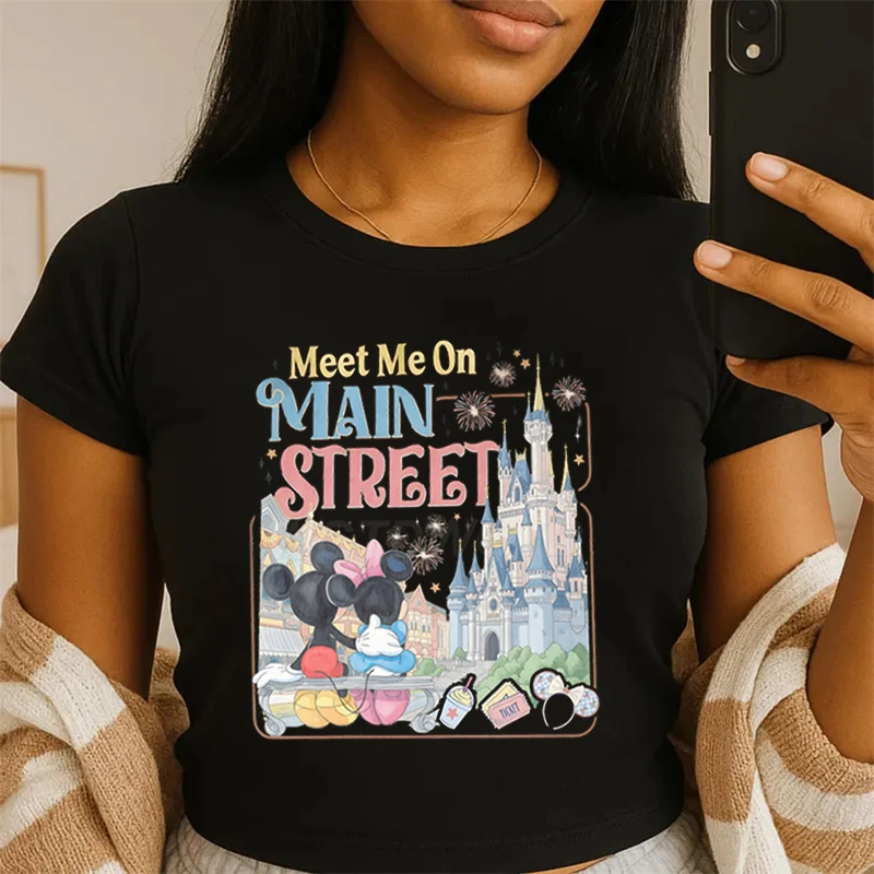 

Retro Mickey Minnie Mouse Graphic T Shirts Girls Short Sleeve Cotton Crop Tops Women Meet Me on Main Street Tee Crop Top