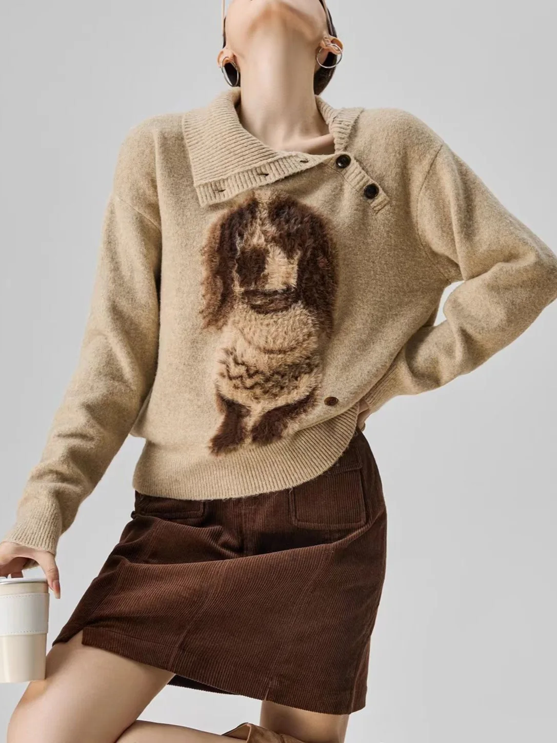 Knitted Sweater Women French Retro Puppy Jacquard Pattern High Neck Long Sleeve Loose Thick Casual Autumn New Fashion Top