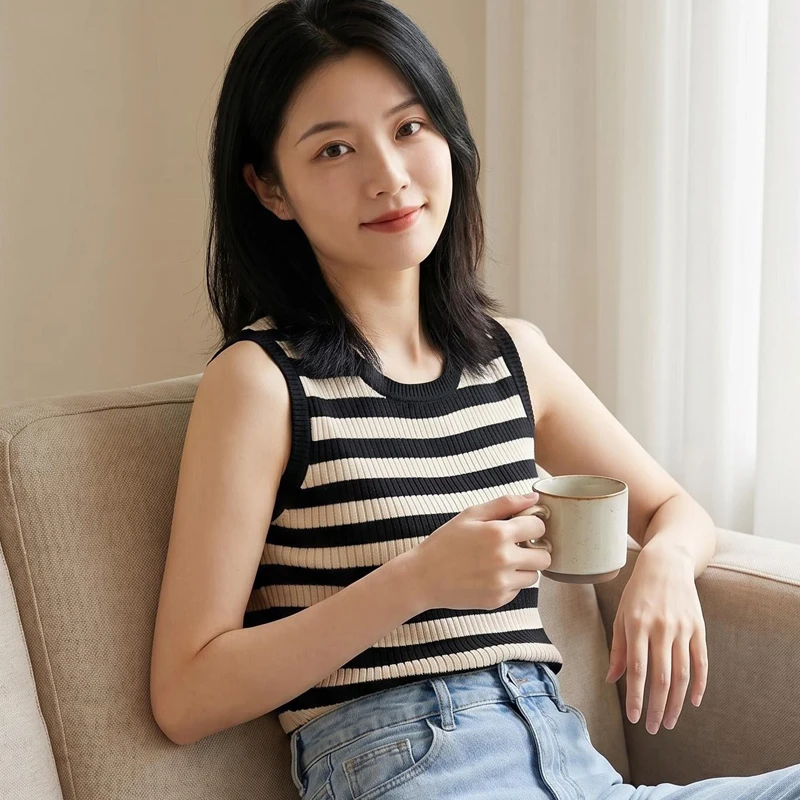 Korean Style round Neck Striped Tube Top Women's Knitted Sleeveless Casual Summer Fashion Sweet Fit Light Weight Breathable
