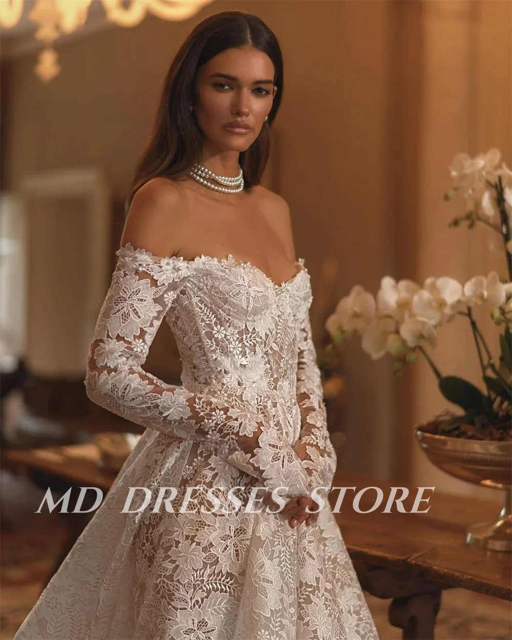 Md 2025 moderno a linha vestidos de casamento branco ajustável mangas completas rendas varredura trem vestidos de noiva vestidos de fiesta personalizado