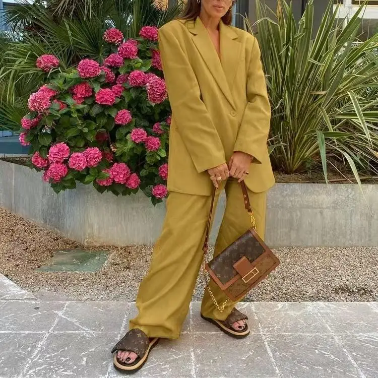 

Модный свободный костюм, комплект из джата и широких брюк, длинный комплект све на пуговицах из полиэстера, женская одежда из двух предметов, ансамбль