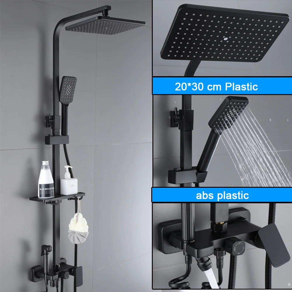 Black Bathroom Shower Faucet With Shelf Rainfall Bathube Mixer Tap 3-way Function Bath Set  With a Small Platform