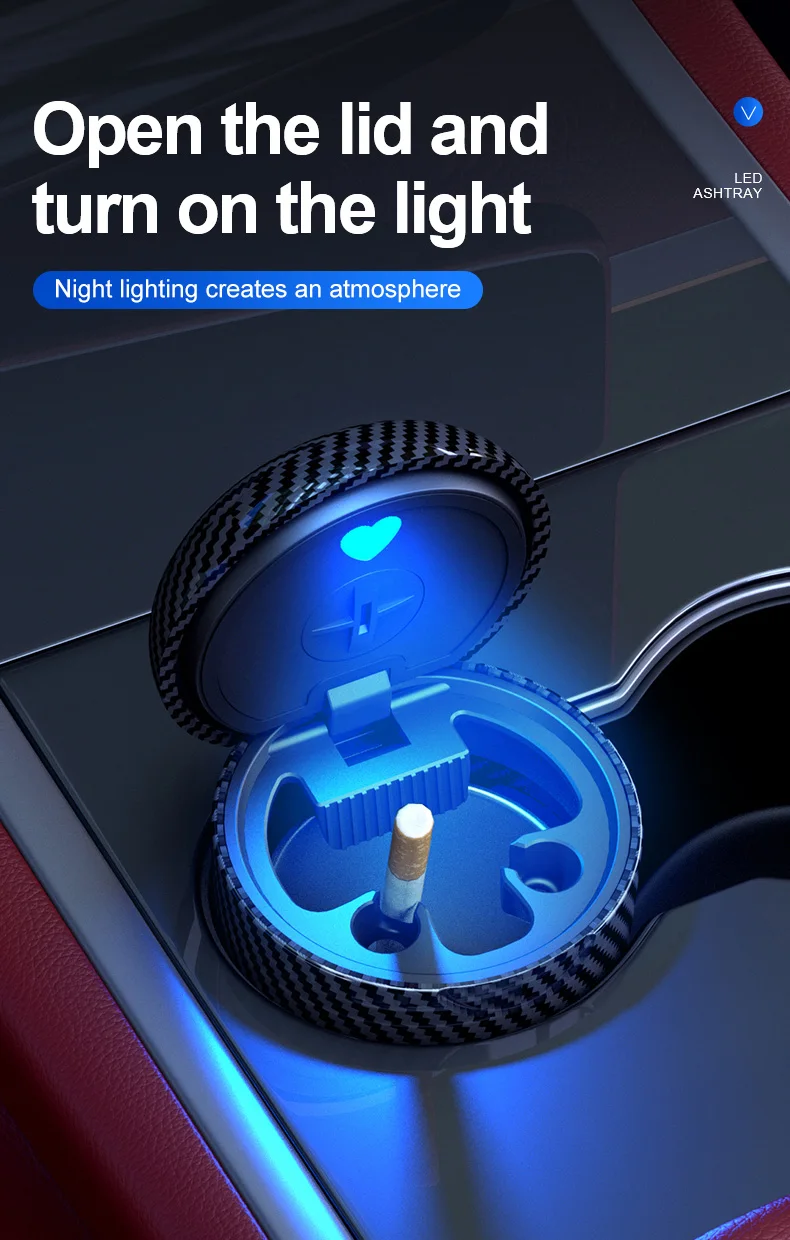 Auto-Aschenbecher, Universeller Ein-Klick-Deckel, Personalisiertes LED-Ambientelicht, Aschenbecher, Auto-Rauchverhinderungs- und Löschbox – Detail 3