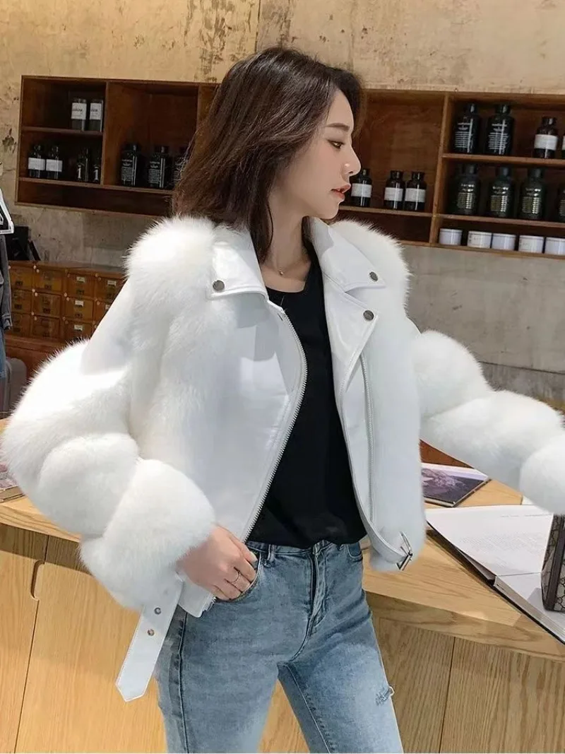 Winter Furry Faux Fur Women Overcoat Cropped Faux Fur and Leather Patchwork Jacket Short High Quality Fake Fox Fur Coat Outwear