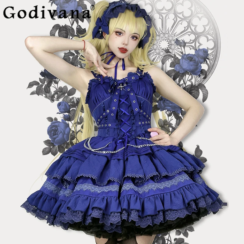 

Original Gothic Halloween Cos Blue Dress Women's Elegant Slim-Fit with Chain Lace Vintage Dress Y2k Short Tank Top Headband New