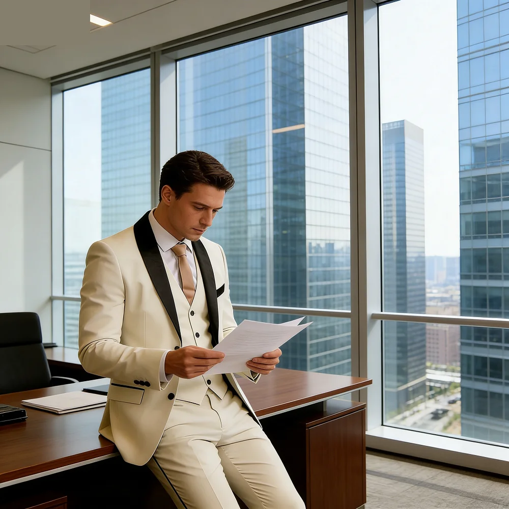 

Classic Fitted Men's 3-Piece Tuxedo Smoking Suit with Unique Lapel Single Breasted Blazer Vest Pants Set