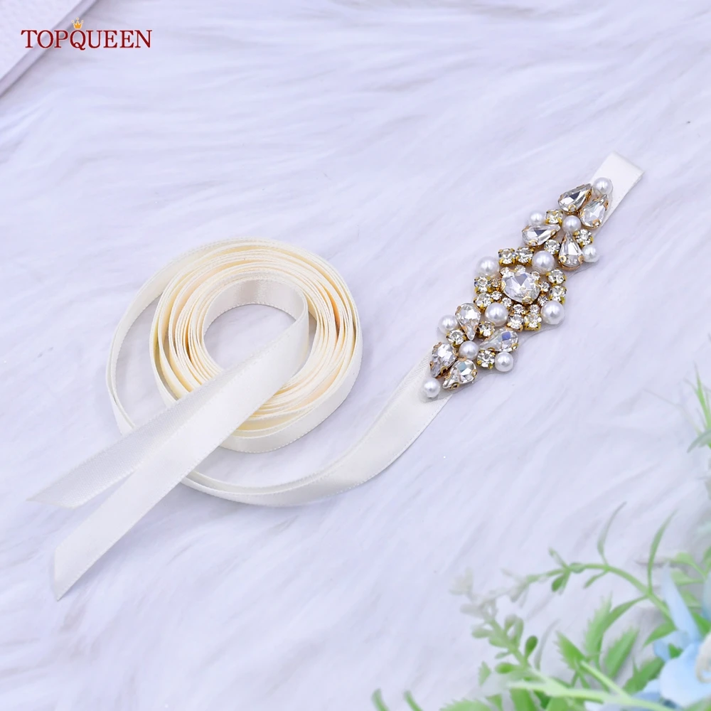 TOPQUEEN S52 New Style Pearl Belt Simple Gold Rhinestone Beaded Applique Bride Bridesmaid Wedding Accessories Women'S Dress Sash