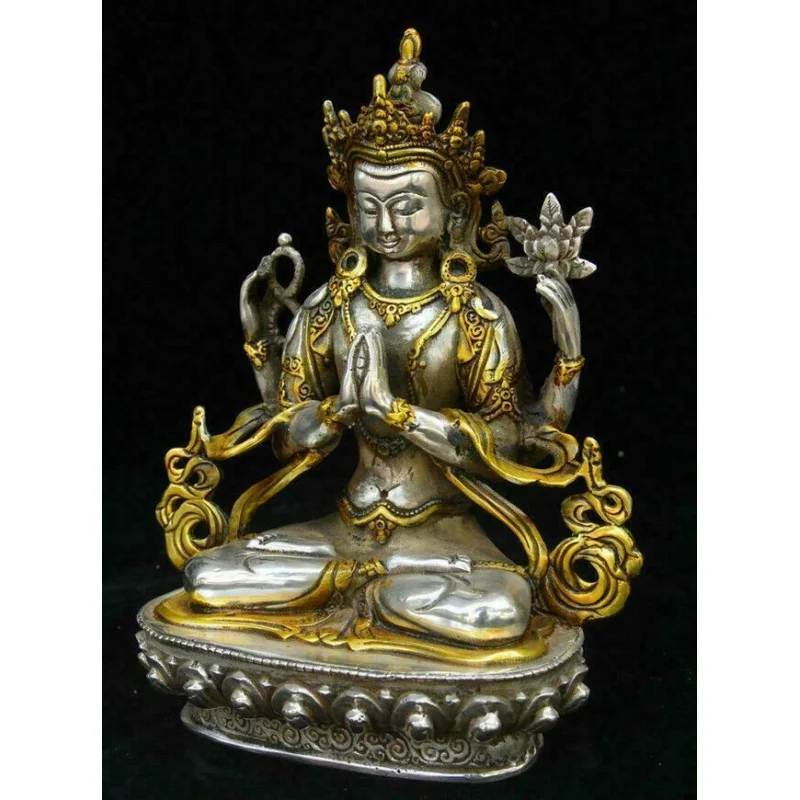 Imagem -04 - Avalokiteshvara Deus Estátua Old Tibet Prata Dourada Braços Chenrezig Deusa Buda