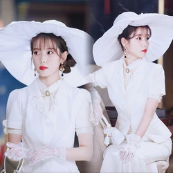 IU DEL LUNA Hotel 2023 Korean Drama White Short Sleeve Blazers Women Fishtail Long Skirt Lace Shirts Elegant Lady Two Ppiece Set