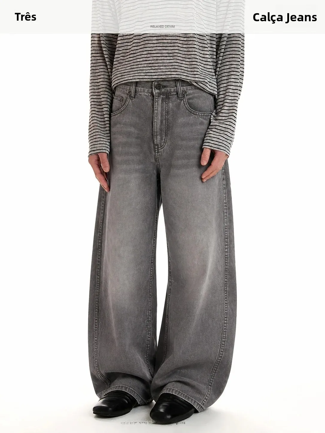 Calça Jeans Unissex 98SQUID Americana Retrô Baggy com Recortes, Perna Larga, Solta, Lavada, Casual, de Algodão, Cintura Média...