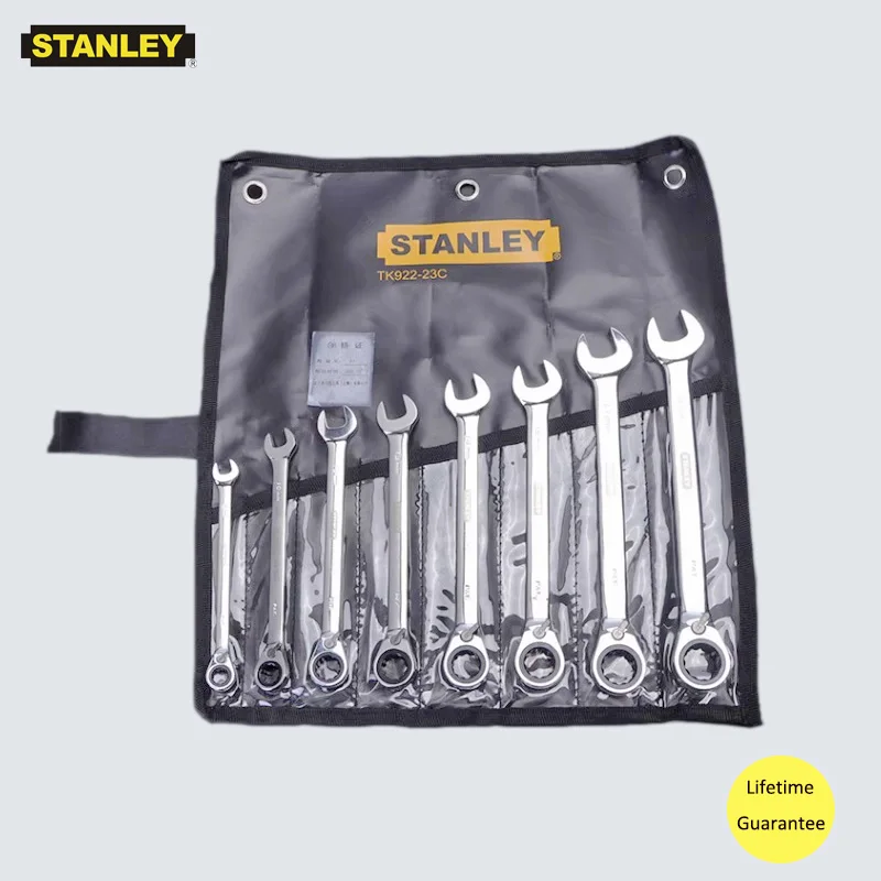 

Stanley 8-Piece Reversible Ratchet Combination Wrench Set 8 to 18mm Long Pattern 60 Teeth with Storage Bag Cr.V Steel Metric kit