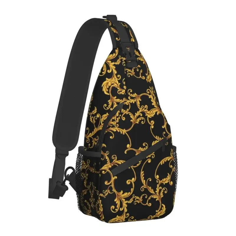 Golden Baroque Leafs Floral Sling Chest Bag Custom Flower Shoulder Crossbody Backpack for Men Cycling Camping Daypack