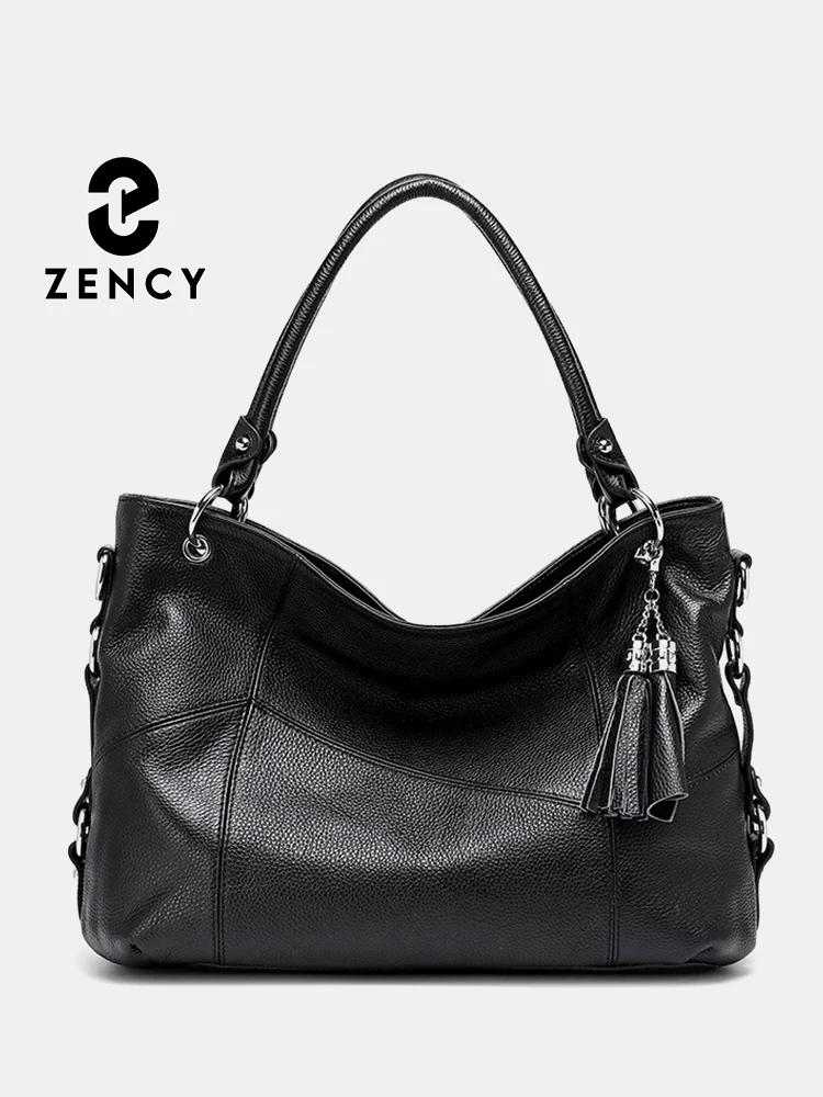 Zency 100% Genuine Leather Large Women Shoulder Bag Elegant Tassel Ladies Handbag Black Grey Hobo Crossbody with Long Strap