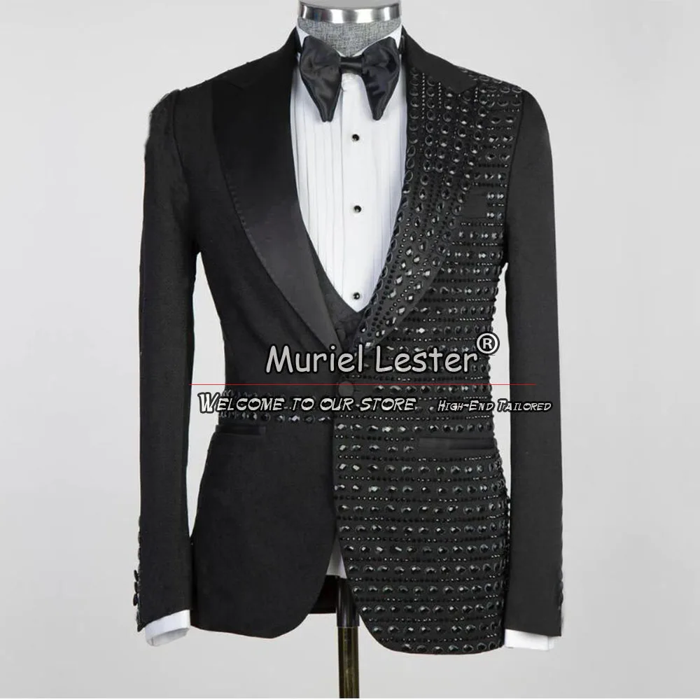 Tailored Suits Men For Wedding Black Stone Beaded Blazer Formal Business Dinner Party 3 Pieces Set Groom Tuxedos Man Ropa Hombre