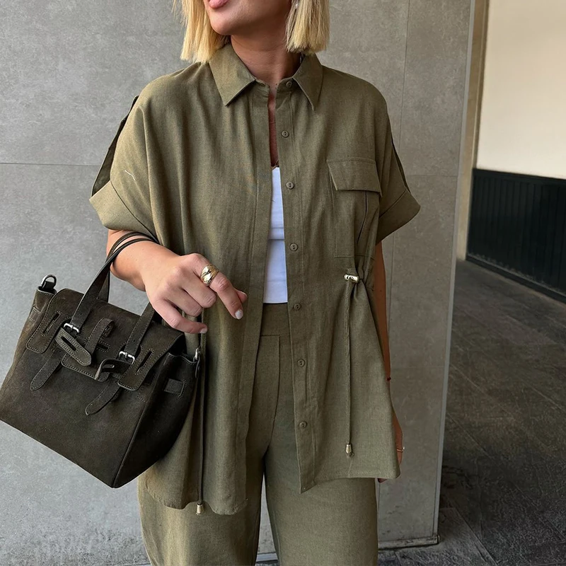 

2025 Summer Elegant Button Wide Leg Suit Casual Short Sleeve Shirt & Long Pant Outfits Women Fashion Lapel Solid Loose 2Pc Sets