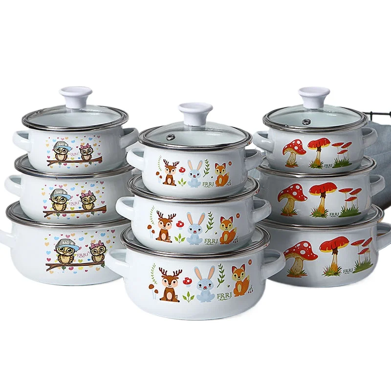 ふた付きミニエナメルスープポット、ミニチュアストックポット、健康的で耐久性のあるベビーフードストーブ