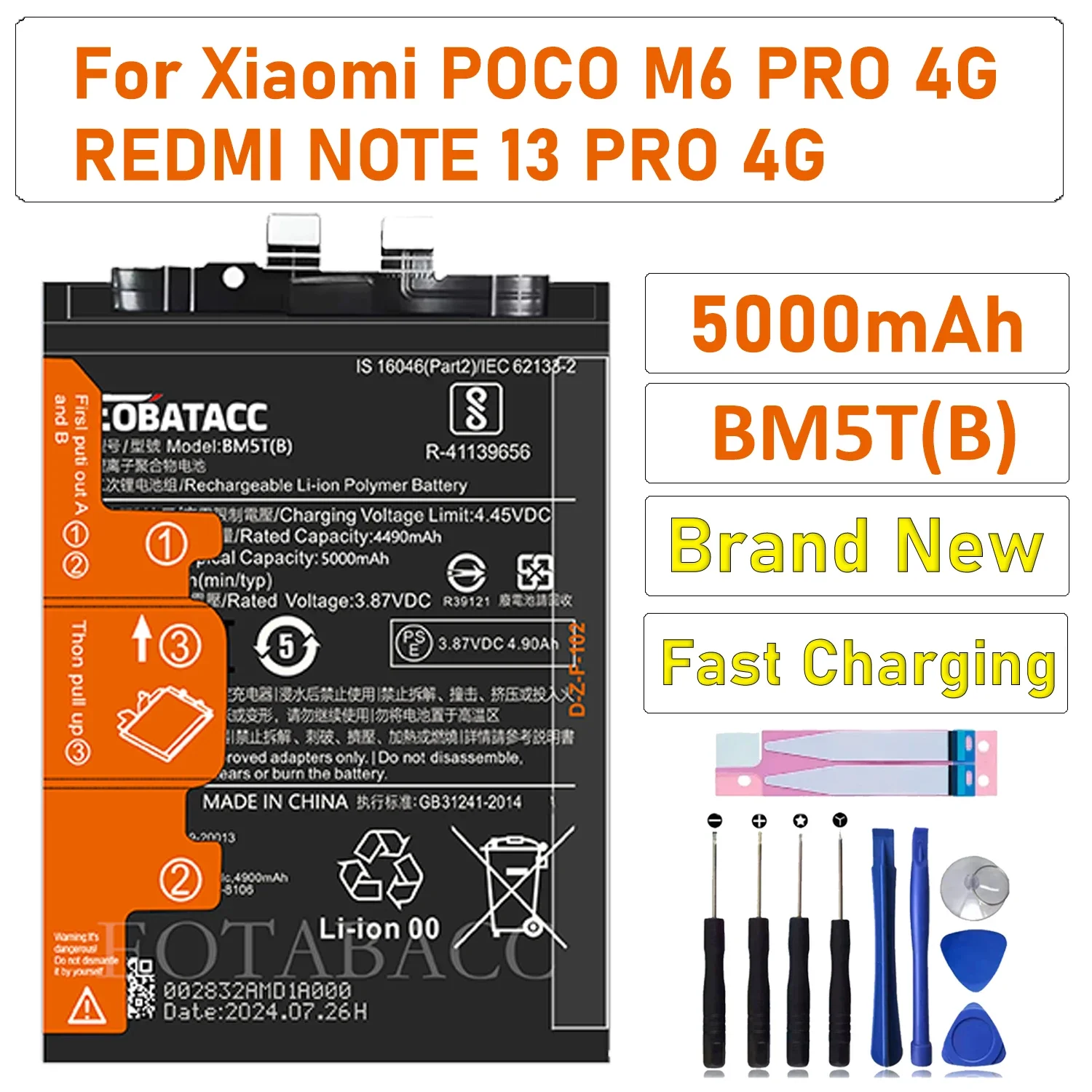 2026 YEARS BATTERY BM5T-B 5000mAh Battery for Xiaomi POCO M6 Pro 4G Replacement Phone Batteries For Redmi Note 13 Pro 4G Bateria
