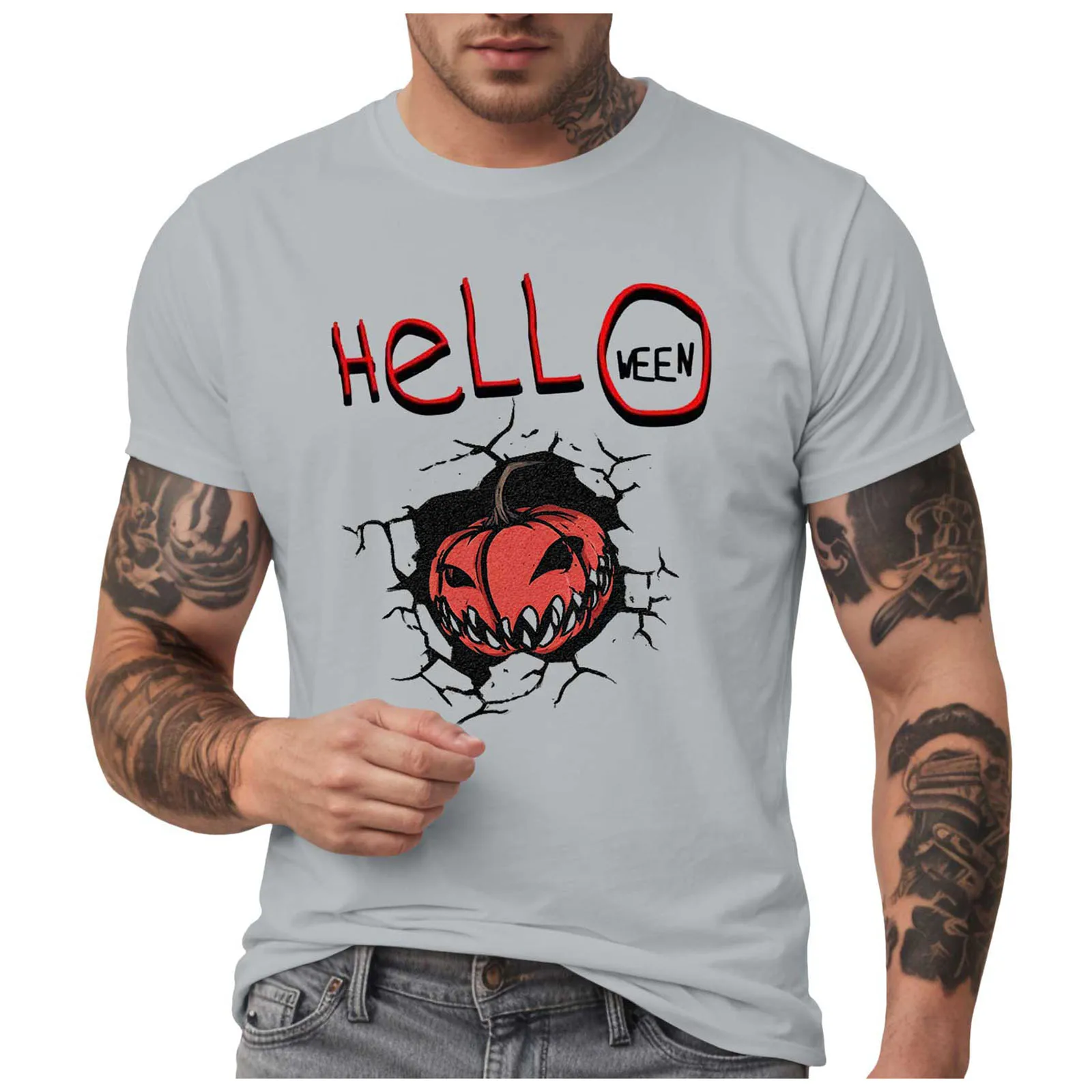 

Рубашки для мужчин Мужская футболка с коротким рукавом и круглым вырезом Хэллоуин Злой топ с принтом тыквы Мужские футболки с длинным рукавом