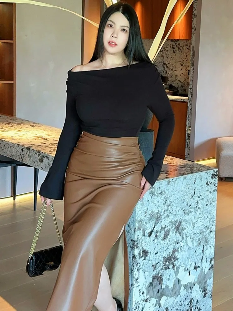 High Waist Pu Leather Mid Calf Long Skirt Women Sexy Side High Split Wrap Skirt Vintage Ladies New Slim Fit Straight Skirt 4XL