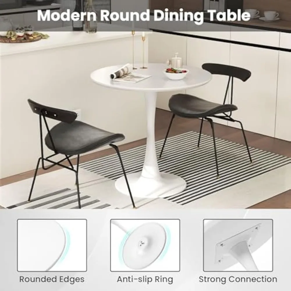 Round Dining Table, 32” White Round Table with 0.9” Thickened Circle Table Top & Metal Pedestal Base