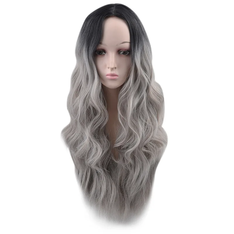 Peruca de onda grande europeia e americana para mulheres, cabelo longo encaracolado, boné de peruca de fibra sintética gradiente de duas cores.