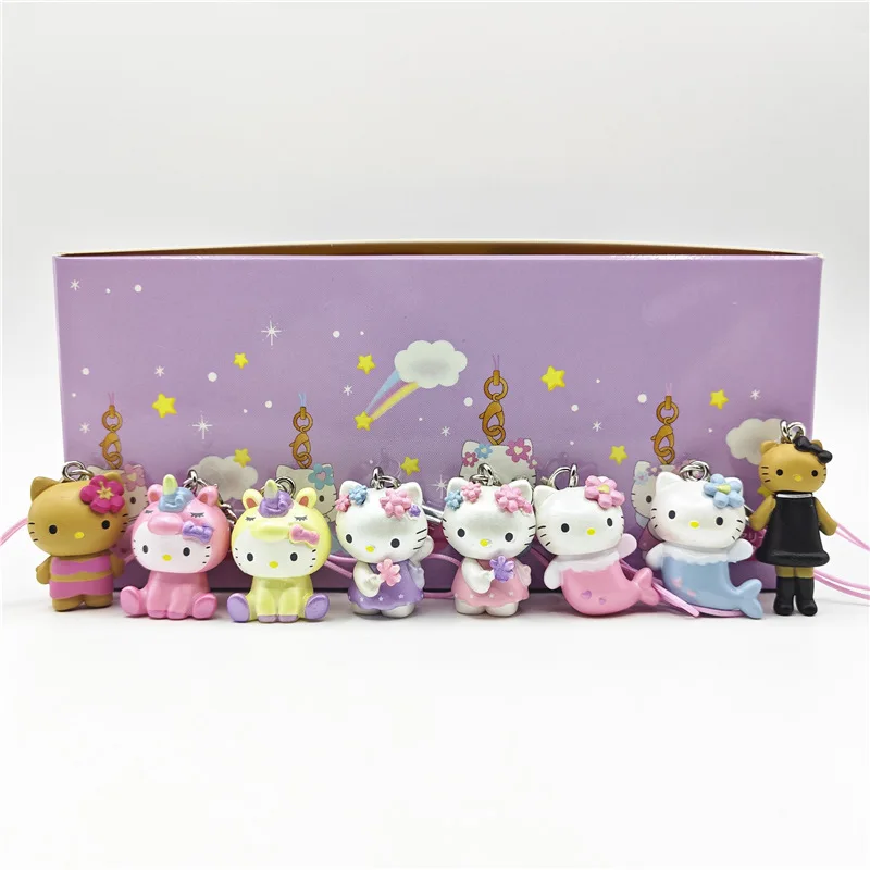 かわいいハローキティアクションフィギュアブラックユニコーンマーメイドフェアリーキティキーホルダー漫画ブラインドボックスおもちゃDIYチャームデコレーション子供ギフト