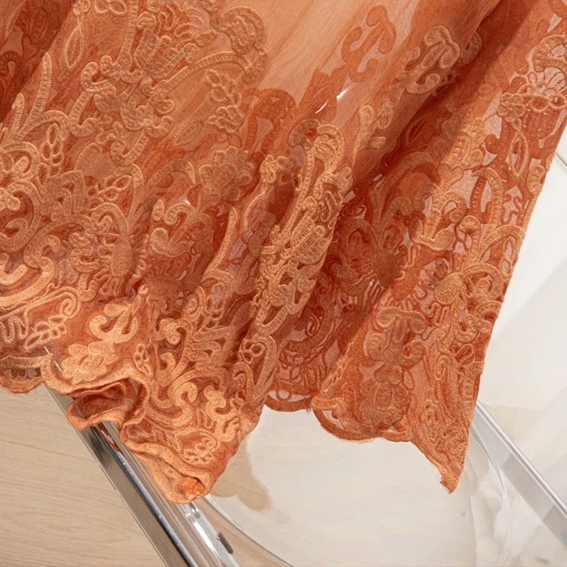 100% Maulbeerseide Damen Langarmbluse Orange Stickerei Seide Dünn Transparent Rundhals Shirt Top Pullover Sommer QQ015